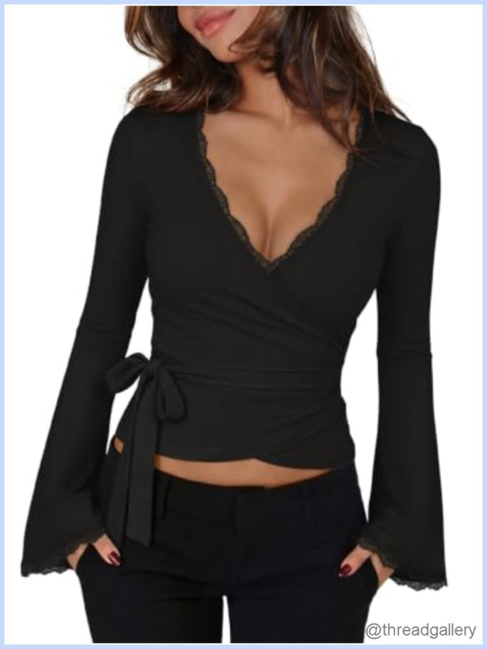 Lace Wrap Crop Top Bell Long Sleeve V Neck Going Out Blouse